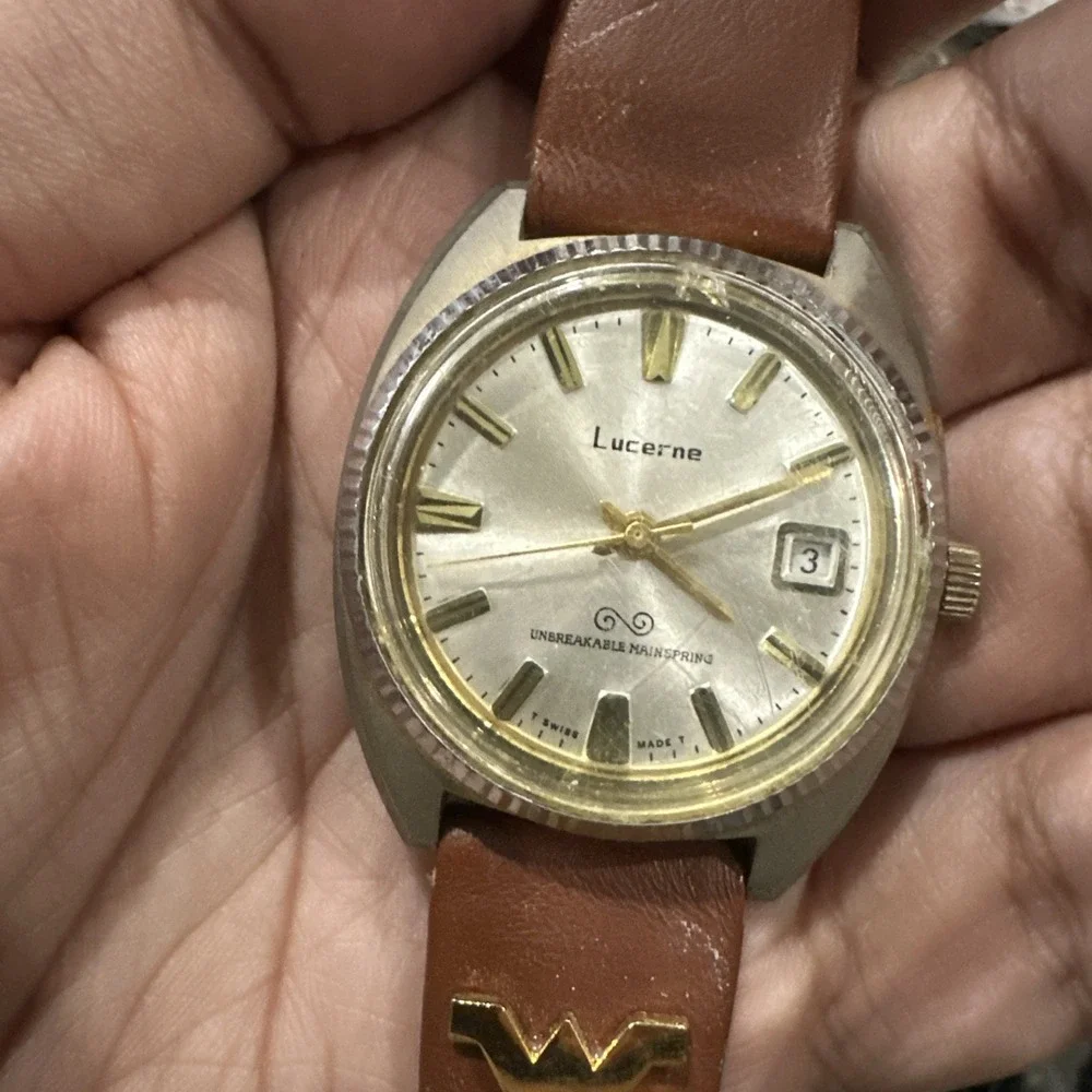 Working Vintage Lucerne Men's Manual Wind Watch 38mm Date Brown Leather Rare Run